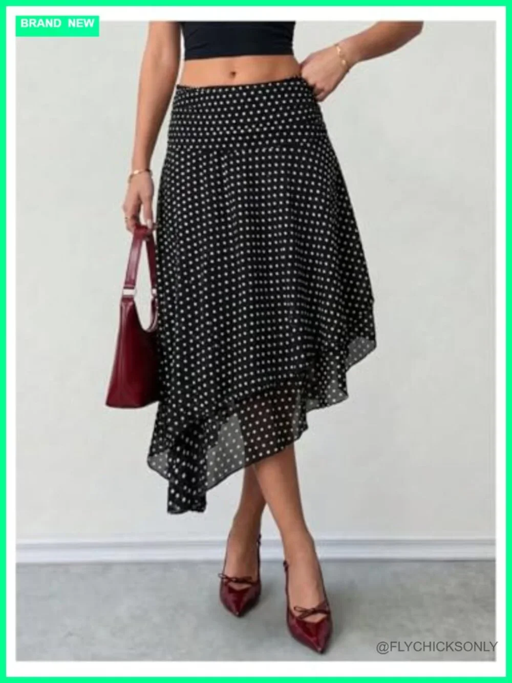 Y2K Mesh Midi Skirt Polka Dots Asymmetrical Low Rise Flowy Casual
